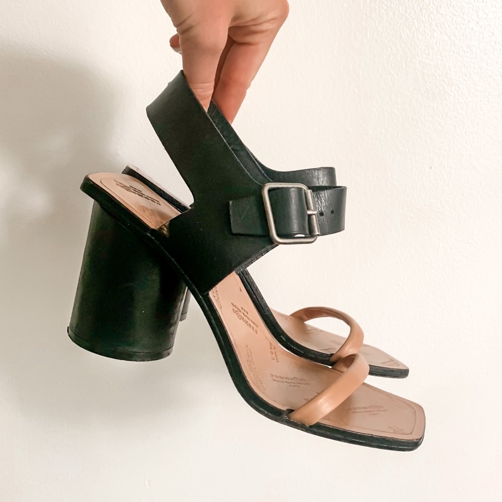 Maison Martin Margiela Black and Tan Leather Block Heel Sandals